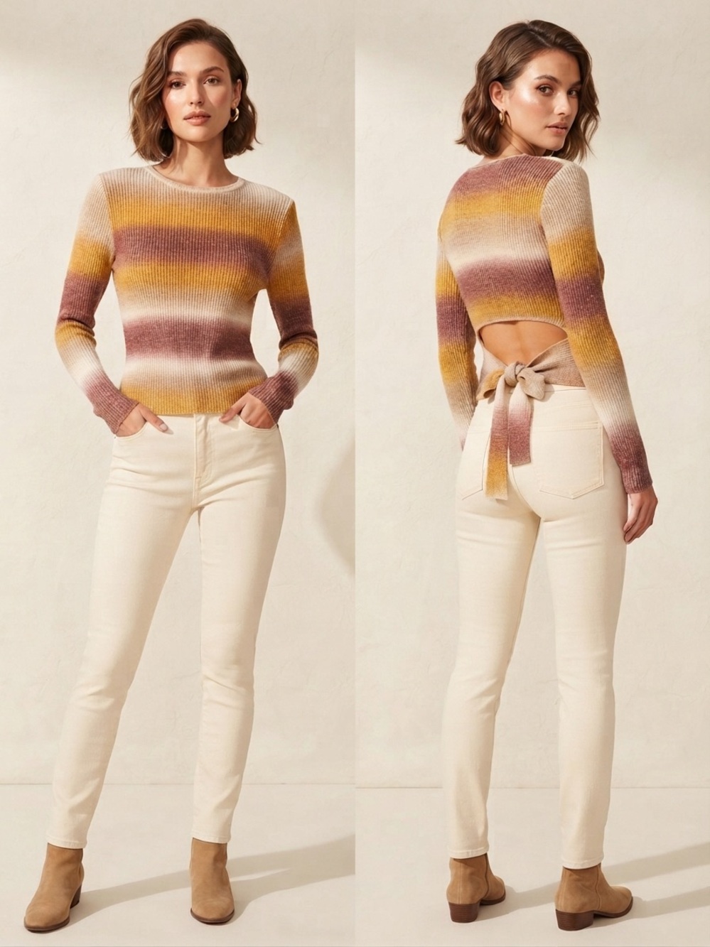 NWT Boho Fall Sunset Ombre Stripe Tie Back Wool Blend Crop Cozy Sweater M